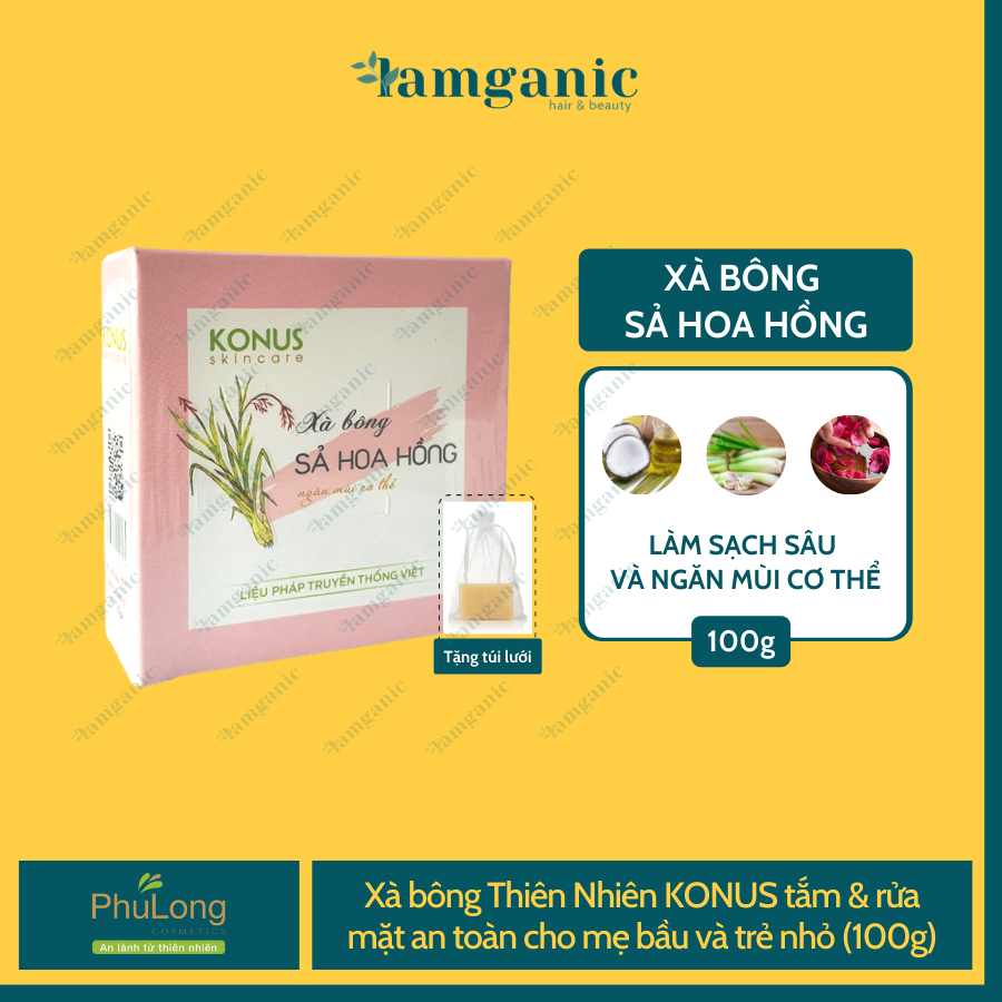 [HCM]Xà bông thiên nhiên KONUS - Hương Tinh dầu Sả Hoa Hồng - Chiết xuất từ dầu dừa và nước tro dừa làm sạch da dưỡng ẩm giúp da mềm mại diệt khuẩn hiệu quả