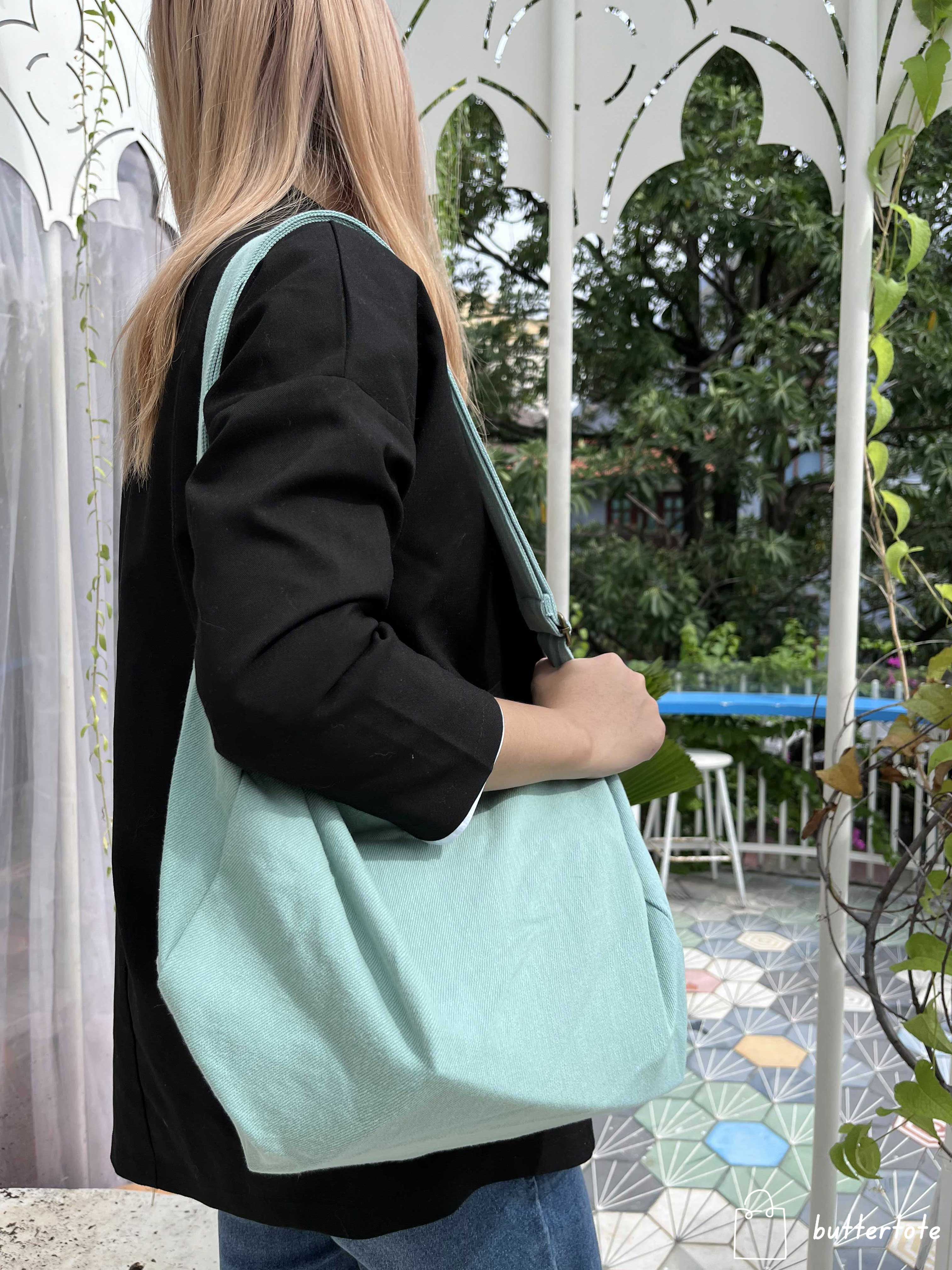 Túi tote trống đeo chéo vải canvas siêu to, có khóa kéo & túi con