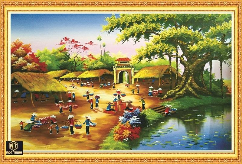 Tranh phong cảnh chợ Tết phố cổ vẽ sơn dầu cực đẹp AmiA TSD 484