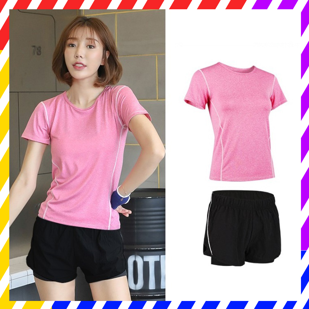 Bộ Quần Áo Thể Thao Nữ Pink Color Phong Cách, Nữ Tính, Trẻ Trung, Set Đồ Tập Gym Yoga Nữ 2 Món Áo Thun Màu Hồng & Quần Đùi 2 Lớp