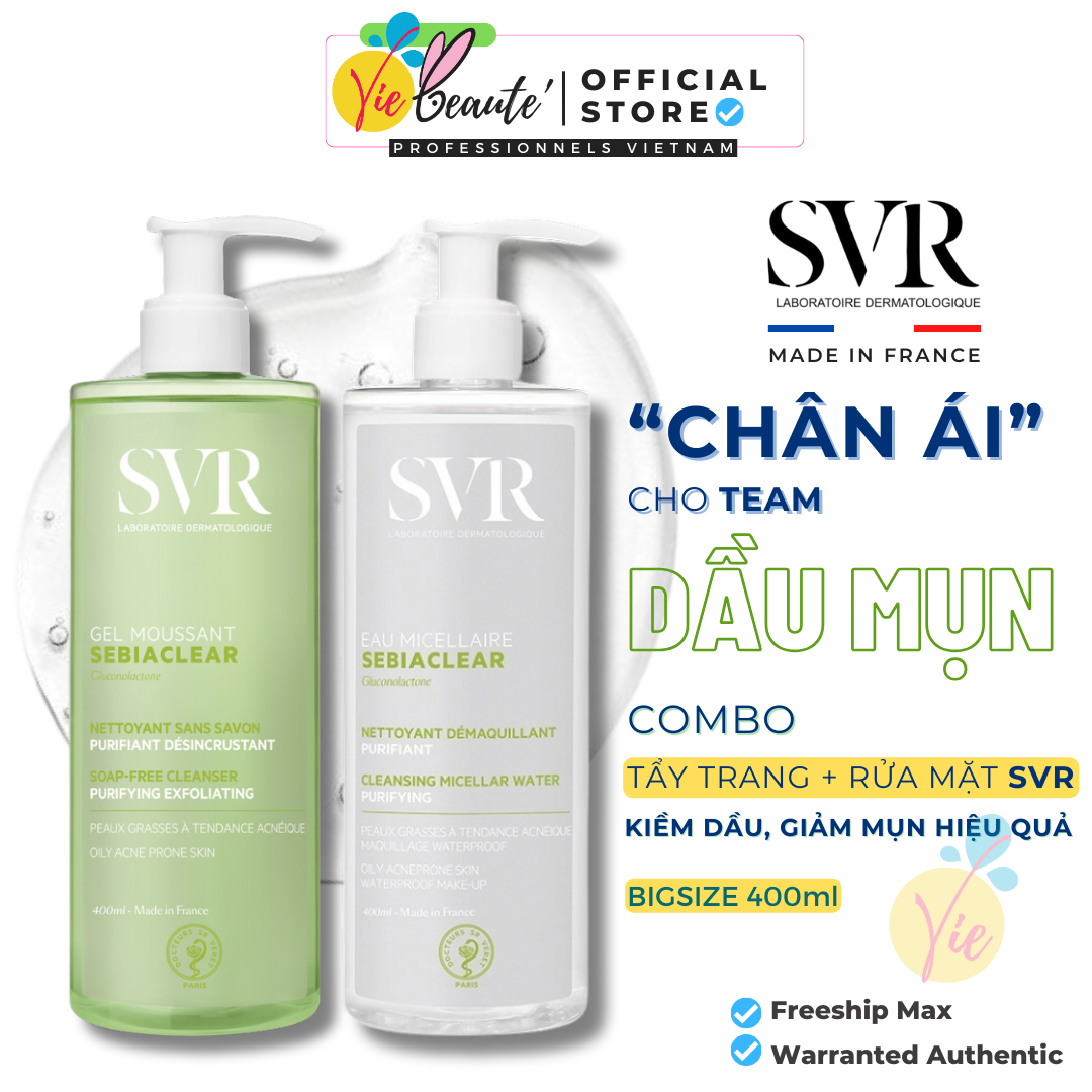 Combo tẩy trang svr + sữa rửa mặt svr sebiaclear gel moussant cho da dầu mụn