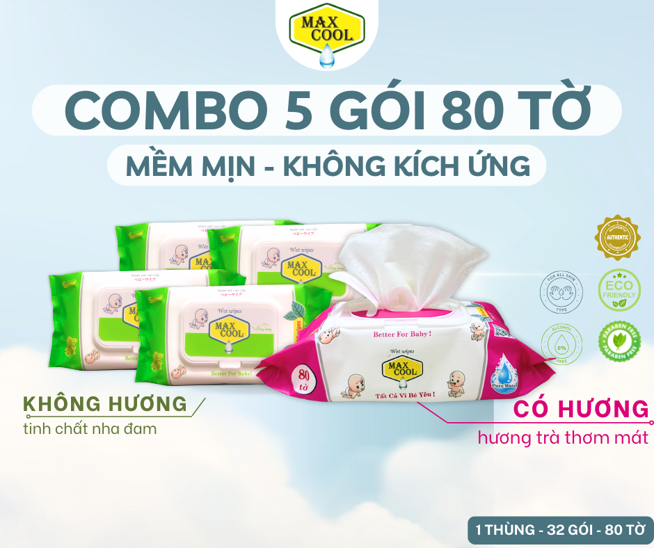 Combo 5 gói khăn giấy ướt cao cấp 80 Tờ Max Cool HÀNG CHÍNH HÃNG