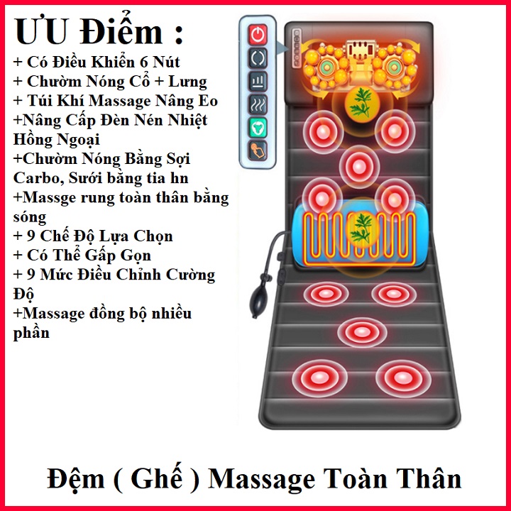 Đệm massage toàn thân, chườm nóng bằng sợi carbon, sử dụng 10 động cơ rung - Nệm matxa thư giãn tại nhà, matxa đồng bọ nhiều phần, 9 chế độ lựa chọn - Ghế massage hồng ngoại