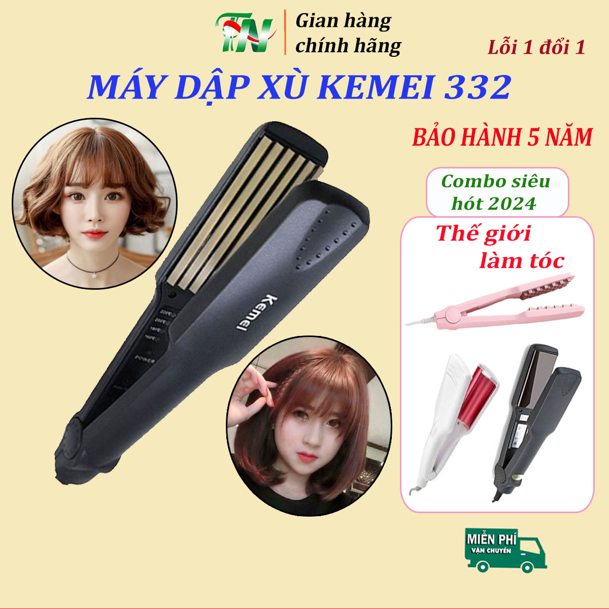 Máy Bấm Tóc dập xù Chỉnh nhiệt Kemei Km 332 gợn sóng xoăn giá rẻ công suất lớn, tiết kiệm điện, bảo vệ tóc không gây hư tổn , máy duỗi tóc mini