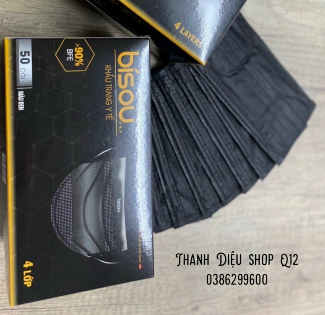 Hộp 50 cái khẩu trang kháng khuẩn 4 lớp màu đen Bisou