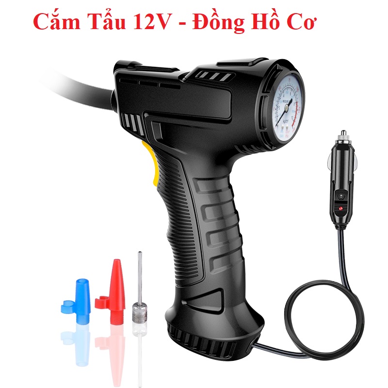 Máy Bơm Lốp Ô Tô Cầm Tay Sạc Pin, Tẩu 12V Tích Hợp Đèn Led Cao Cấp