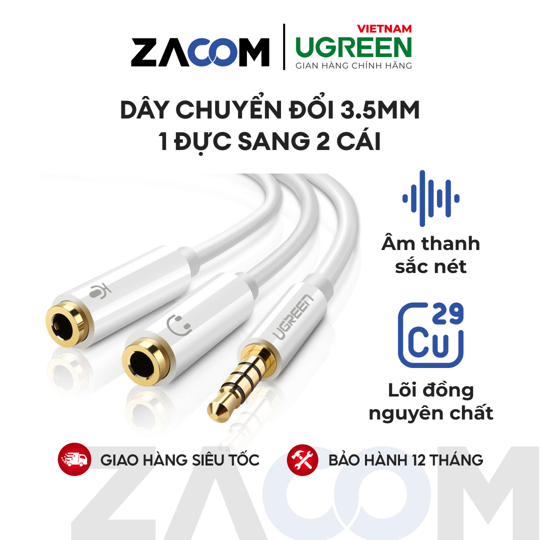 [HCM]Dây chuyển đổi 3.5mm đực sang hai đầu 3.5mm cái vỏ nhựa ABS hai đầu tách đôi (1 đầu hỗ trợ MIC 1 đầu hỗ trợ âm thanh) dài 20CM UGREEN AV141 10789