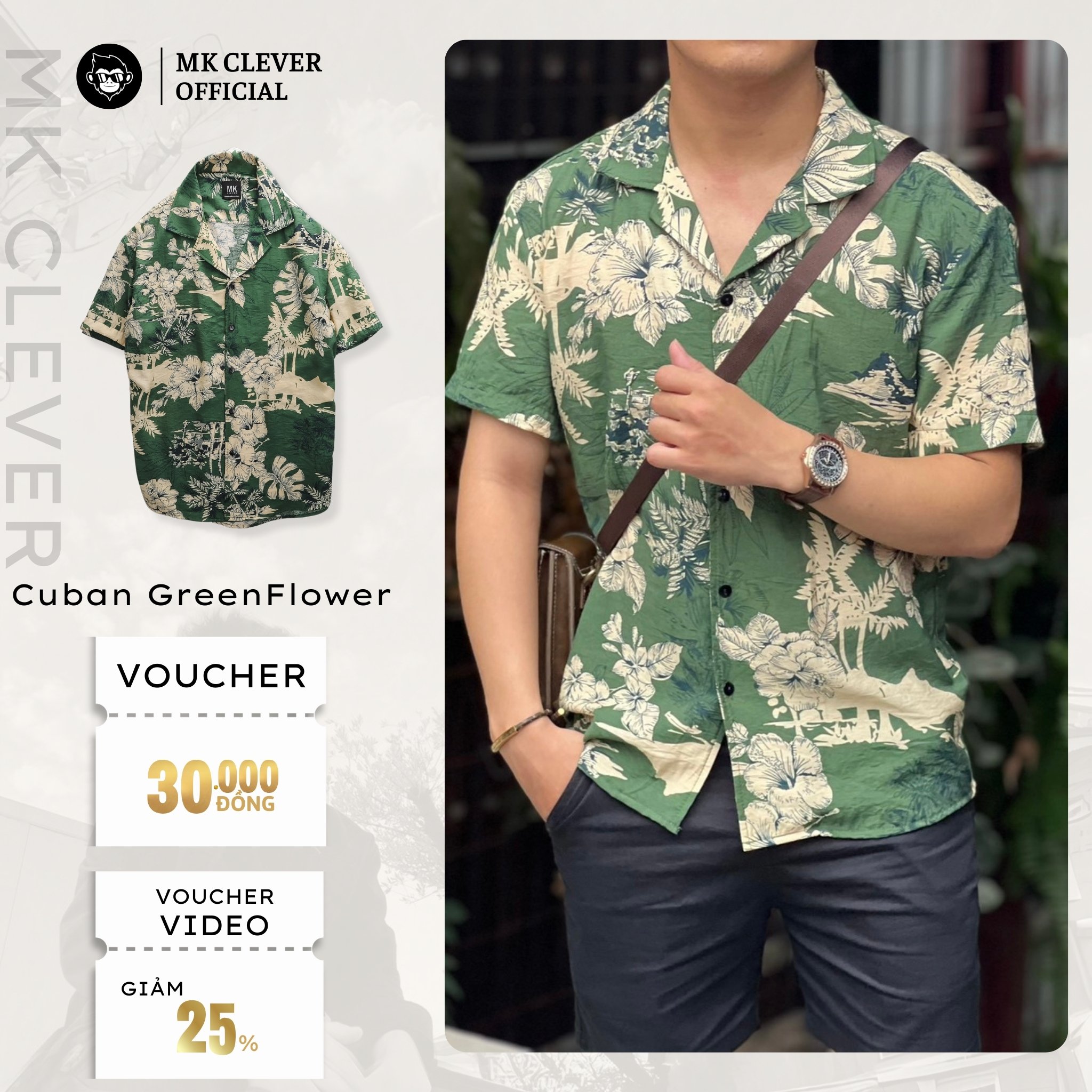 Sơ Mi Cuban Lụa Green Flower MK CLEVER Chất liệu đũi mềm mịn, thoáng mát. Form fit người đứng dáng cực đẹp