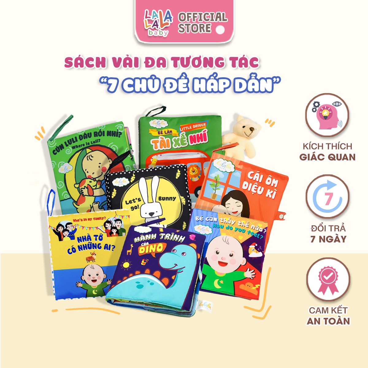 Sách vải đa tương tác Lalala Baby âm thanh sột soạt, chút chít nhiều chủ đề, kích thước lớn 18x18cm