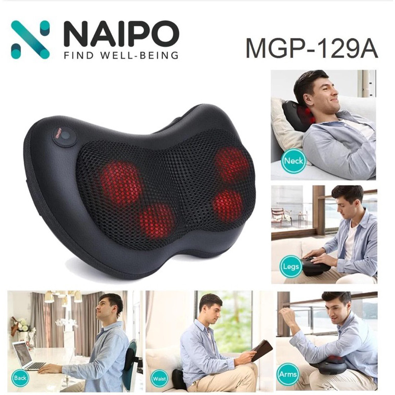 Gối Massage Cổ Vai Gáy NAIPO MGP 129A, 4 Bóng Xoay Hồng Ngoại, , Đá Nóng, Giảm Đau Mỏi Vai Gáy