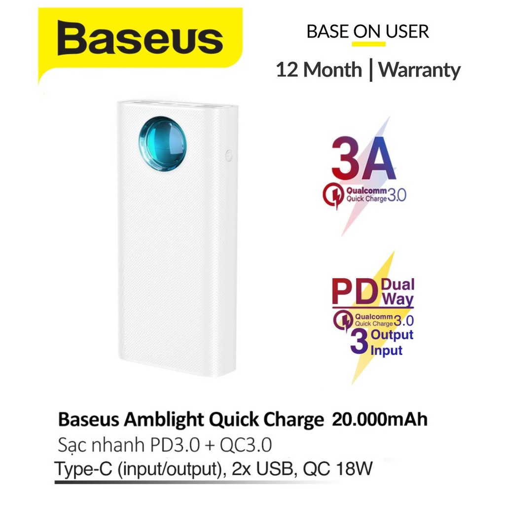 Pin sạc dự phòng Baseus 20000mAh Dual USB Power Bank PD3.0+Quick Charging For iPhone 11 Pro Samsung Huawei Phone Charger 18W Dual Type-C Fast Charging For MacBook - sạc nhanh cho androi iphone
