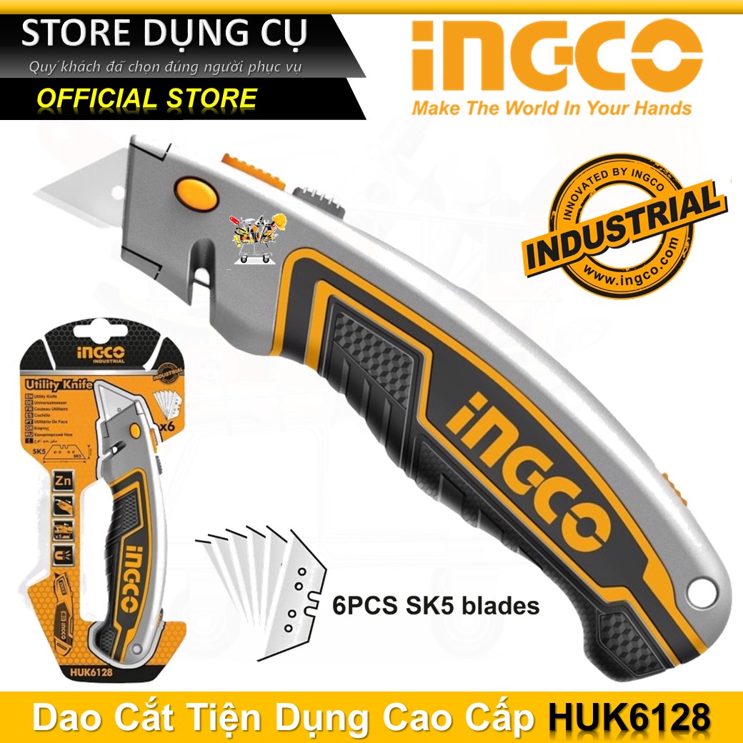 Dao rọc giấy cao cấp ingco huk6128 | dao cắt rọc đa năng kèm 5 lưỡi dao thép sk5