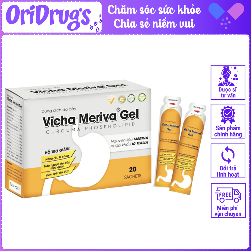 Dung dịch dạ dày Vicha Meriva Gel hộp 20 gói, giảm acid dịch vị, giúp bảo vệ niêm mạc dạ dày, đầy bụ