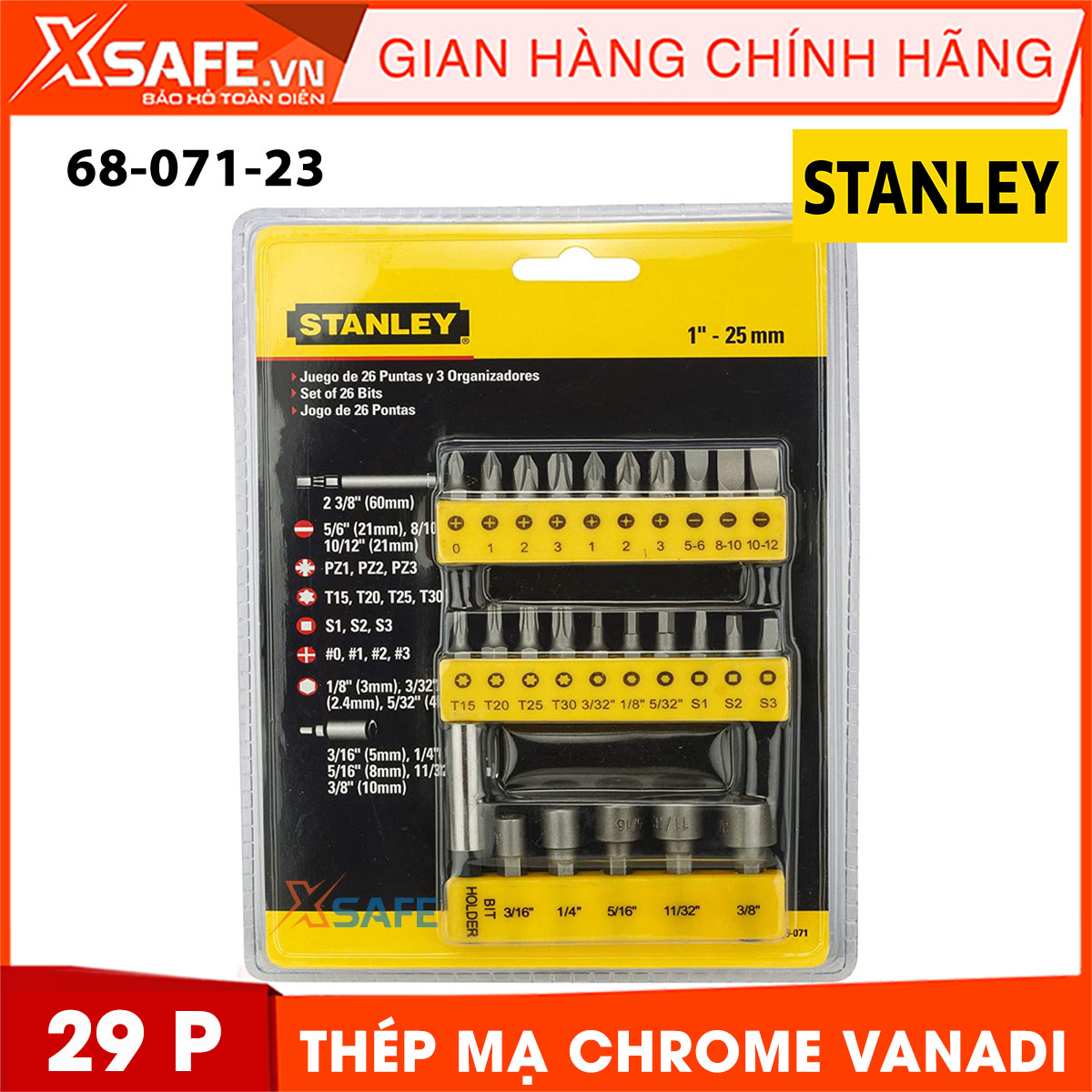 Mũi vặn vít bộ STANLEY 68-071-23 29 chi tiết. Mũi vặn vít Stanley mũi vít làm bằng mà thép chrome vanadi cao cấp, lớp chống oxy hóa và chống ăn mòn bao phủ bên ngoài, thiết kế gọn nhẹ, công nghệ hiện đại