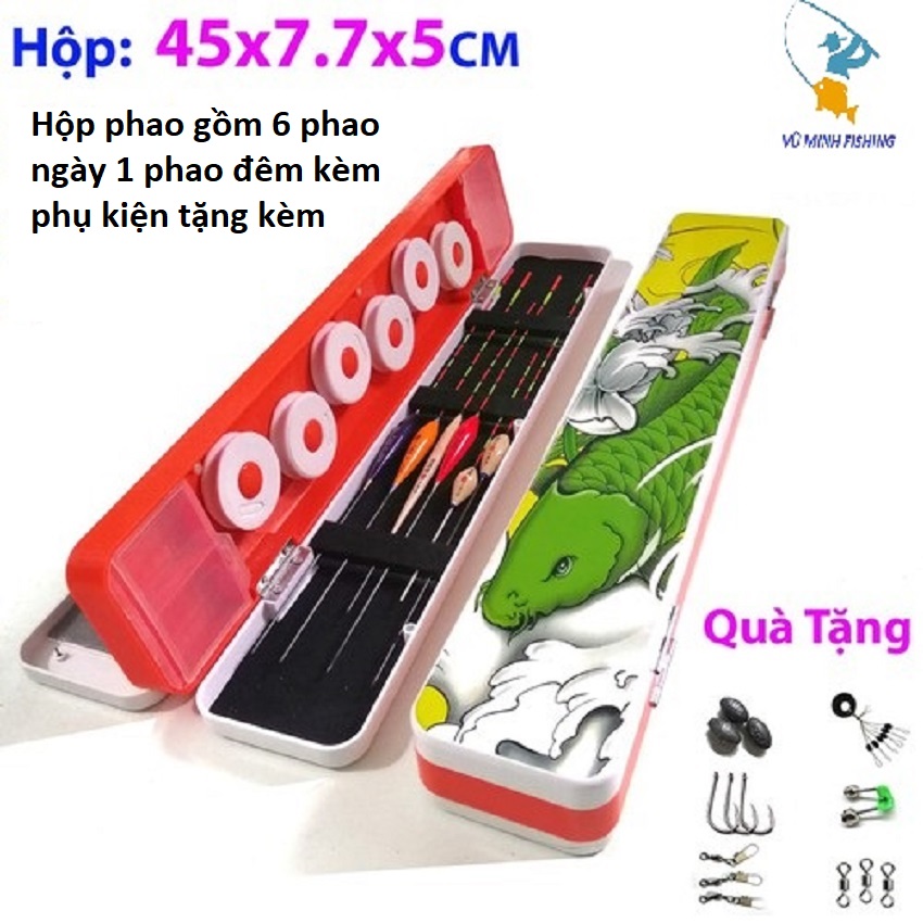 Hộp đựng phao câu đài, 7 phao câu đài và 1 phao đêm kèm pin- phao câu cá, phao câu đài, phao đài