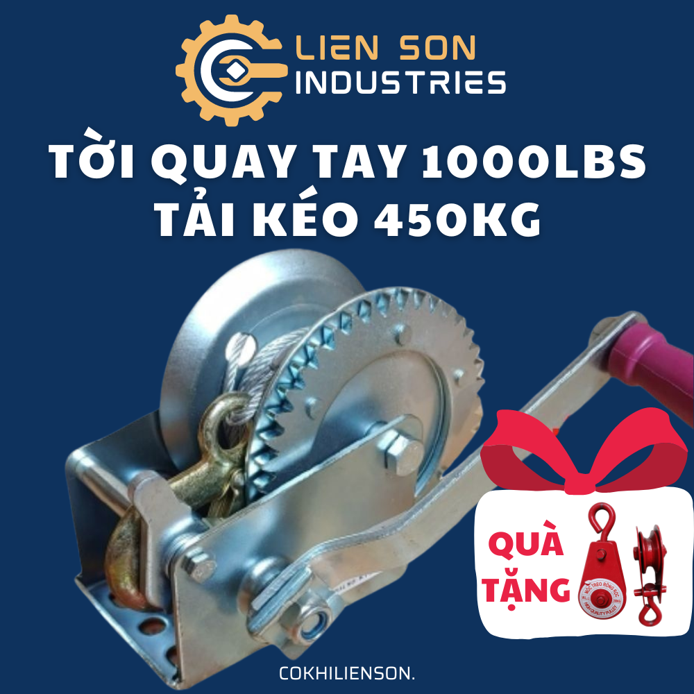 Tời quay tay 1000LBS tải kéo 450 Kg tải nâng an toàn 200kg có cáp móc 6 mét - Tời quay tay 2000lbs tải kéo 900kg cáp móc 6m tải nâng an toàn 350kg - Tời kéo tay giá sỉ  tại Cơ Khí Liên Sơn