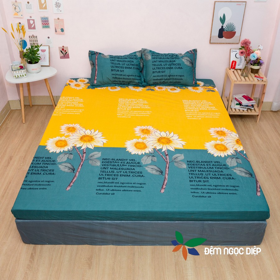 Bộ ga gối poly cotton mẫu hoa hướng dương 1m2, 1m6, 1m8, 2m2. Set gồm 3 món 1 ga trải giường kèm 2 vỏ gối nằm