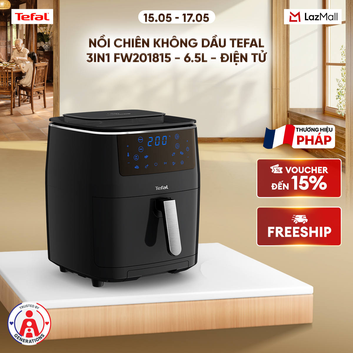 Nồi chiên không dầu hơi nước Tefal 3in1 FW201815 - 6.5L - Điện tử