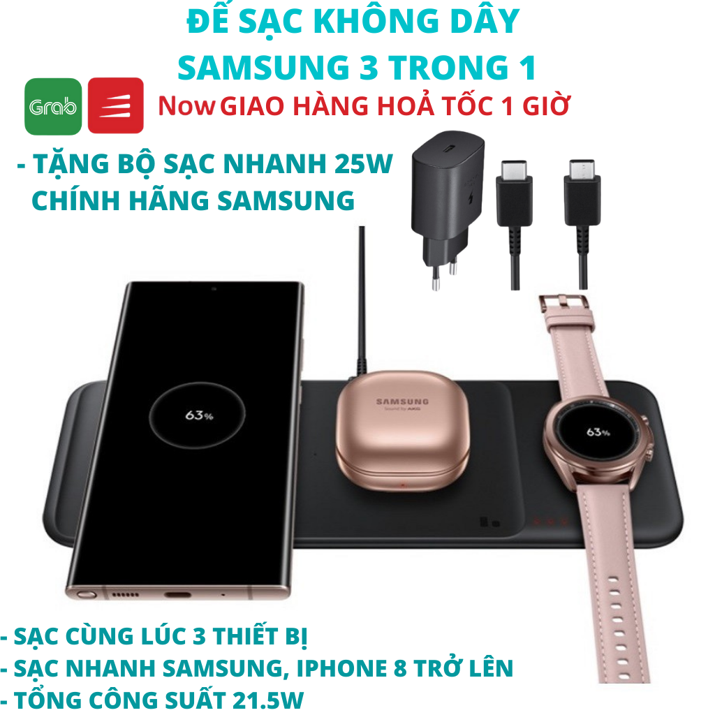 Đế sạc nhanh không dây 3 trong 1 Samsung Note 20 Note 20 Ultra S21 Trio EP-P6300 Chính hãng Fullbox