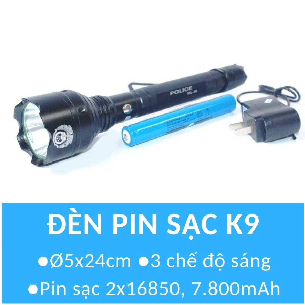 Đèn pin siêu sáng vỏ kim loại dài 25cm chuyên dành cho bảo vệ pin sạc tích điện dung lượng lớn 7.800mAh mã K9.38002