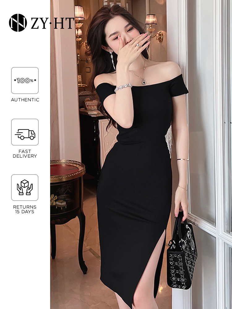ZYHT eravogue đầm sexy khỏi bờ vai Cổ áo một chữ tua Mỏng phù hợp váy ngang hông xẻ tà váy dạ hội 20208