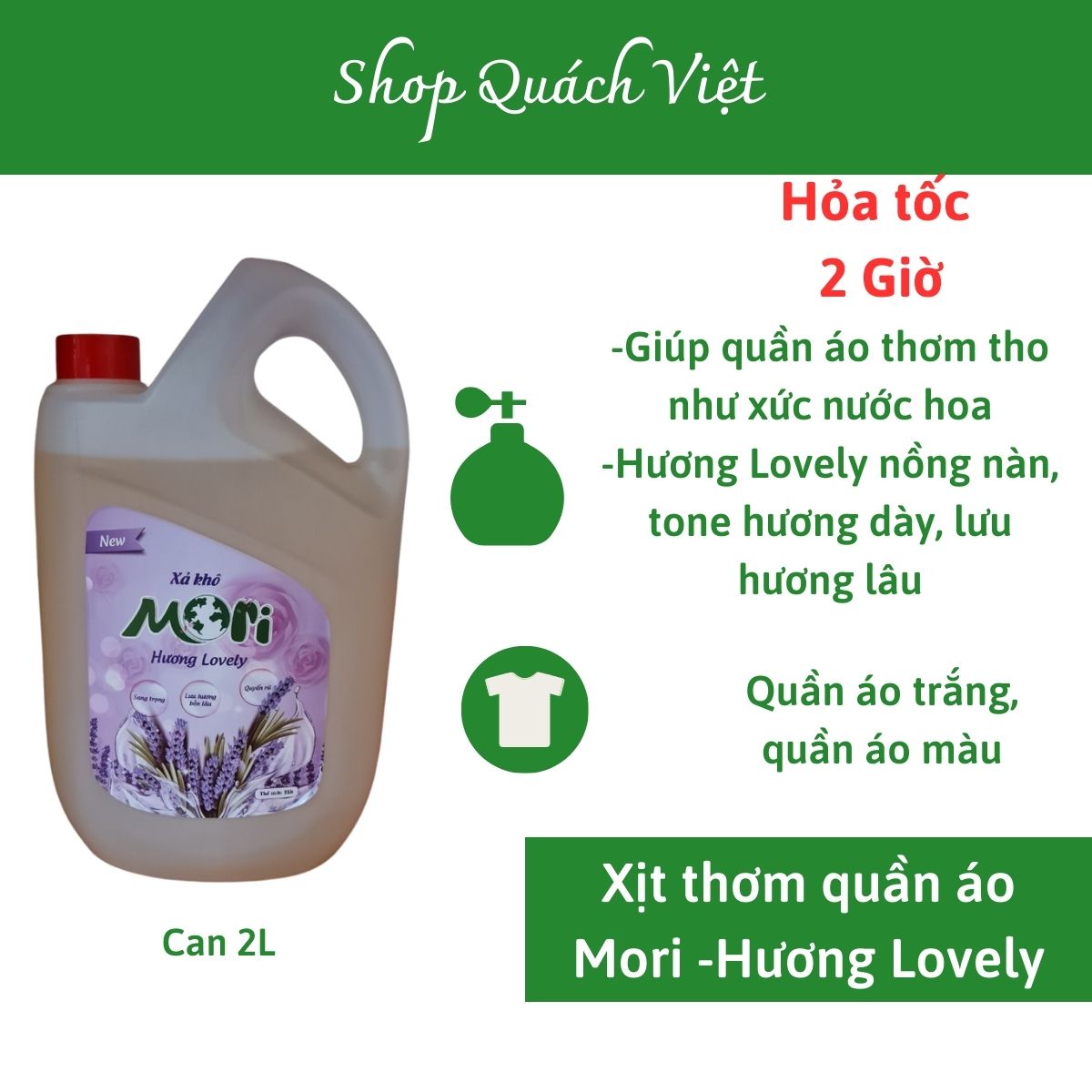 Xịt thơm quần áo MORI hương LOvely, giúp quần áo thơm lâu hơn, 2L