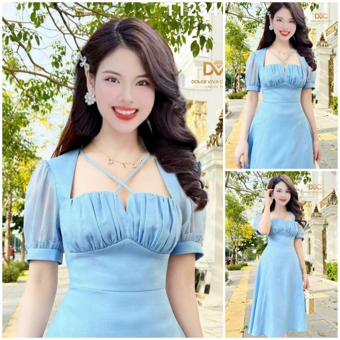Đầm xoè umi phối tay voan xếp ly ngực màu y hình umi phối voan T1234
