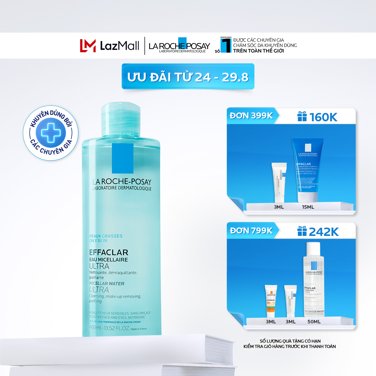 Nước làm sạch sâu và tẩy trang dành cho da mụn, da dầu nhạy cảm La Roche-Posay Effaclar Micellar Water 400ml