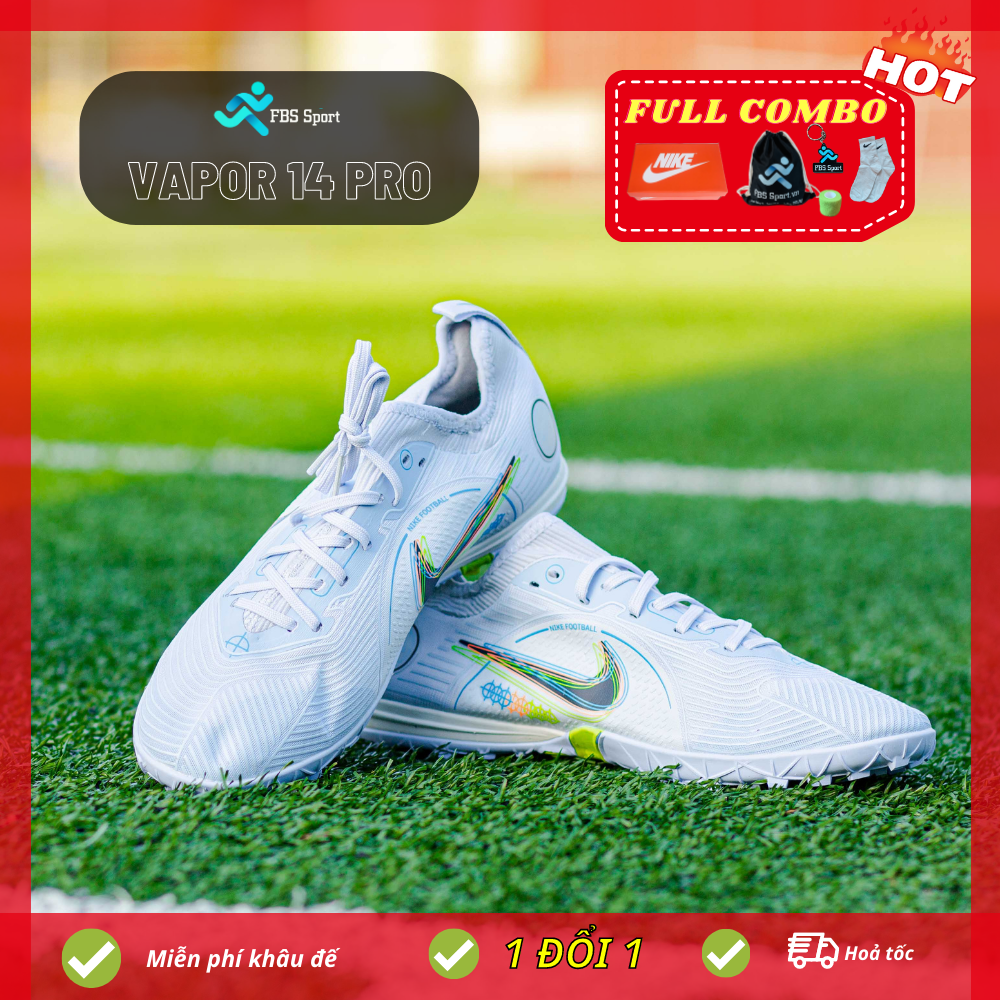 COMBO giày bóng đá MERCURIAL VAPOR 14 PRO đế TF dành cho sân cỏ nhân tạo, màu trắng xám, có bảo hành