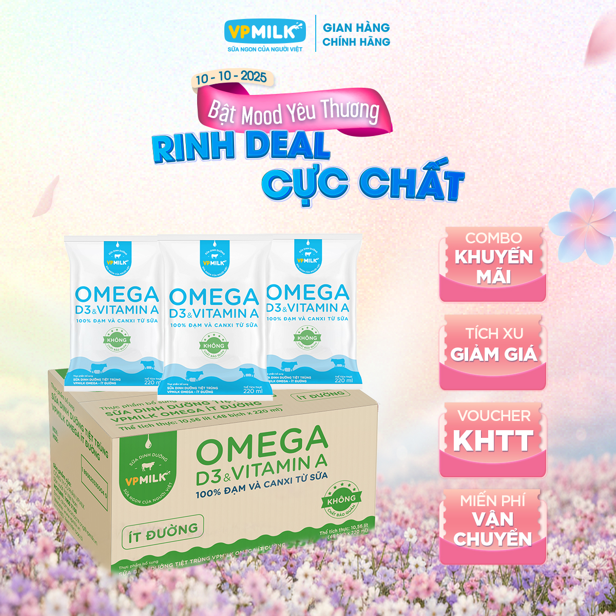 HỎA TỐC TẠI HCM Sữa Dinh Dưỡng Tiệt Trùng VPMilk Omega Ít Đường thùng 48 bịch 220ml