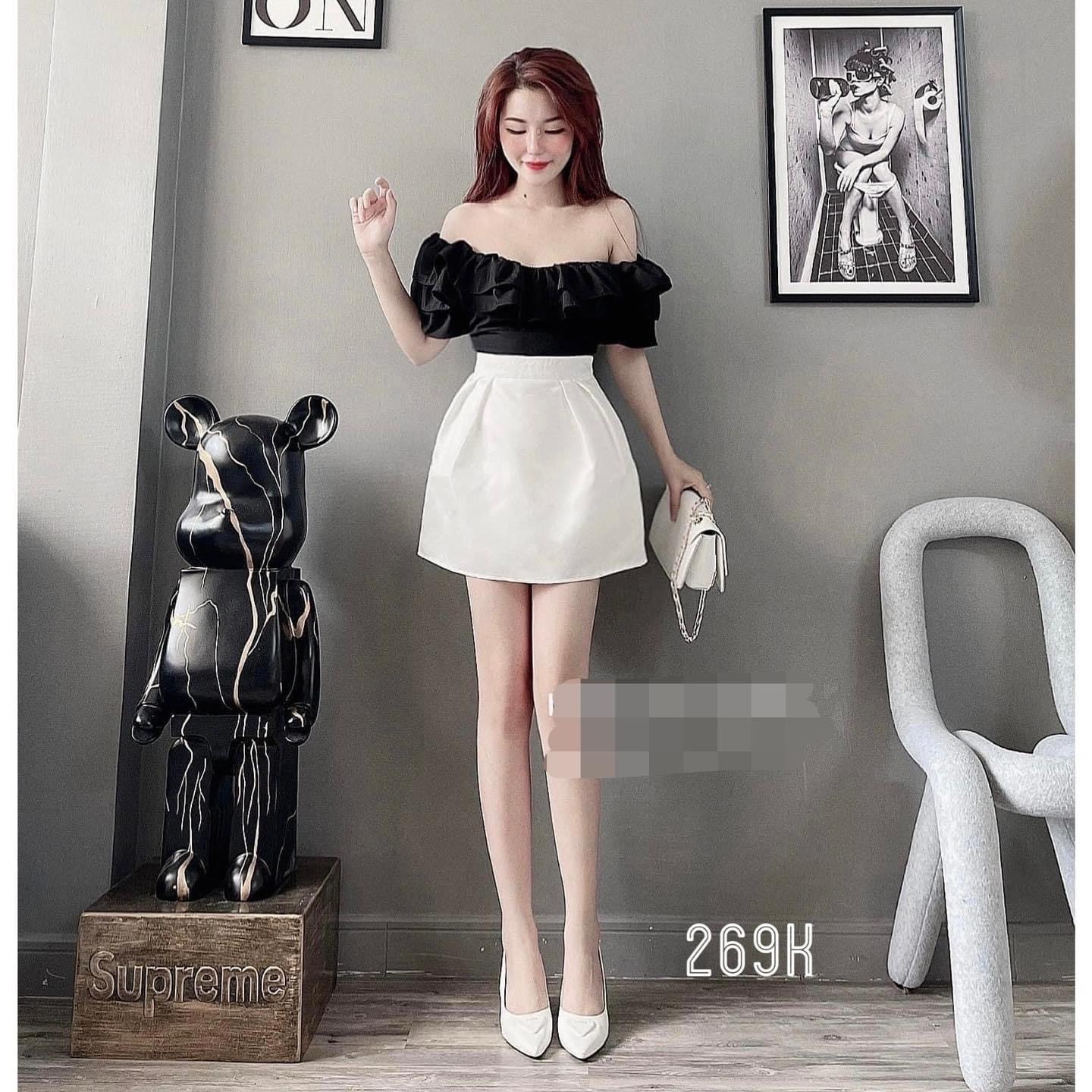 Set tiểu thư trễ vai màu đen, chân váy nữ màu trắng chữ A, set váy nữ trễ vai viên bèo màu đen sang chảnh chất vải tapta đẹp
