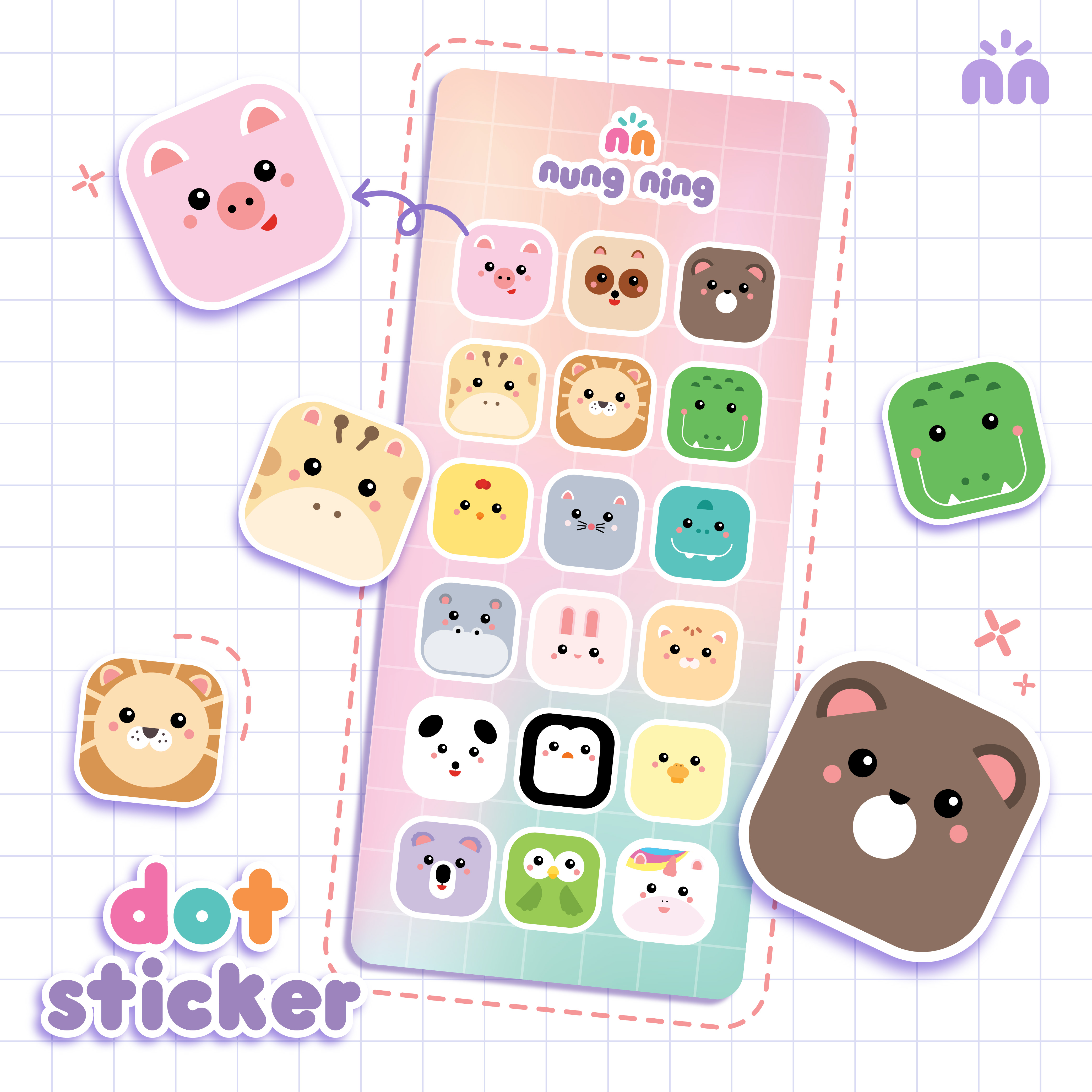 Giảm 5000 Dot sticker sheet  Tấm nhãn dán động vật hình vuông đáng yêu   Thiết kế bởi Nung Ning  tháng 72023  BeeCost