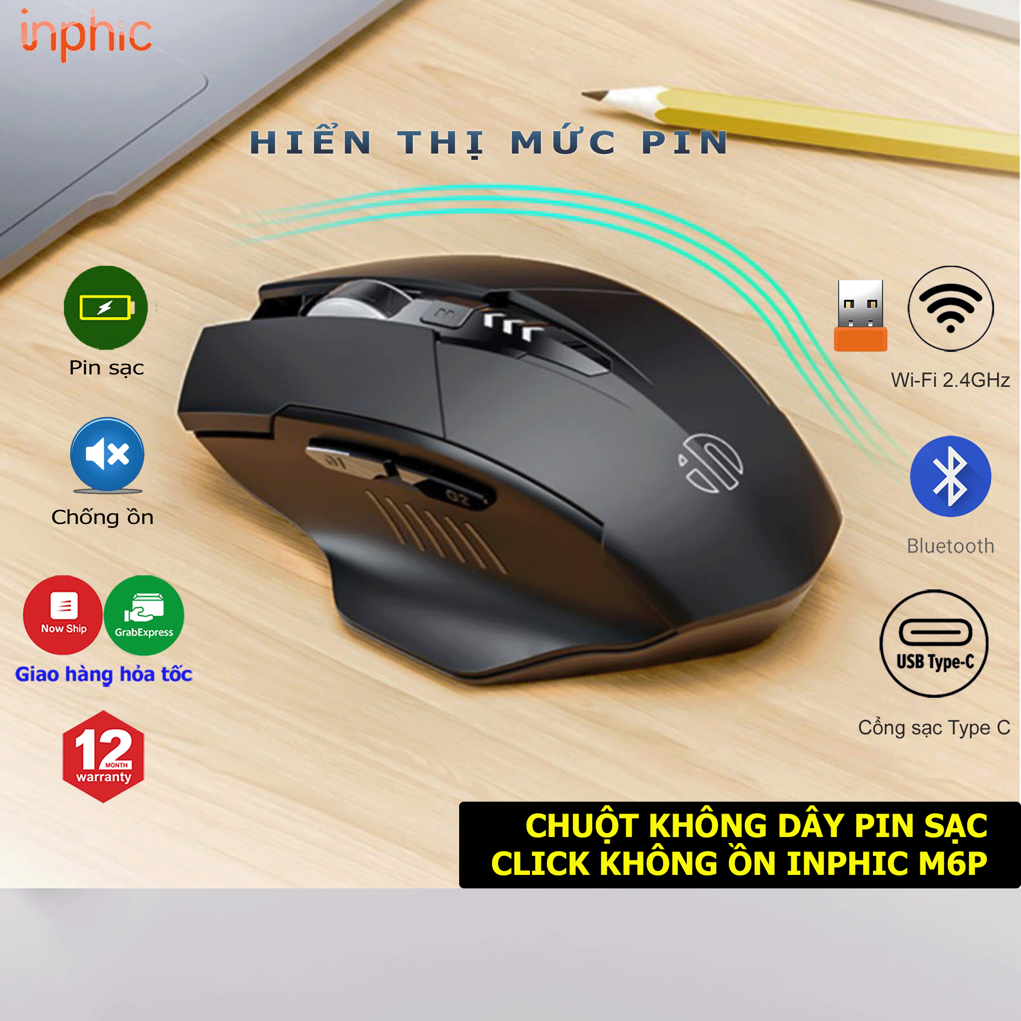 Chuột không dây Bluetooth pin sạc inphic PM6 chống ồn - Chuột bluetooth cho máy tính - Hàng Chính Hãng