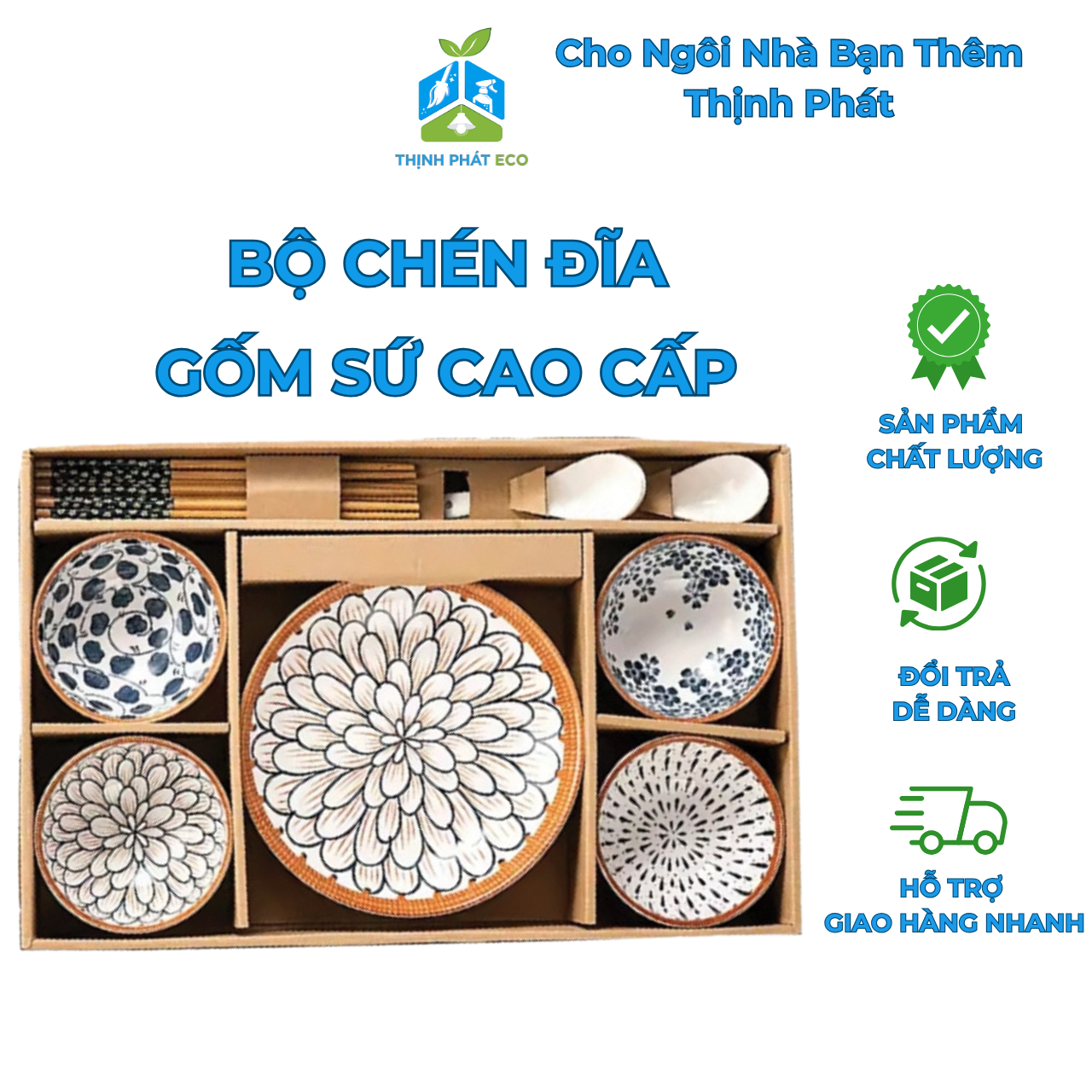 Bộ bát đĩa sứ hoa văn cao cấp, Bộ 6 chén ăn cơm bằng gốm sứ in hoa siêu dễ thương Thịnh Phát ECO