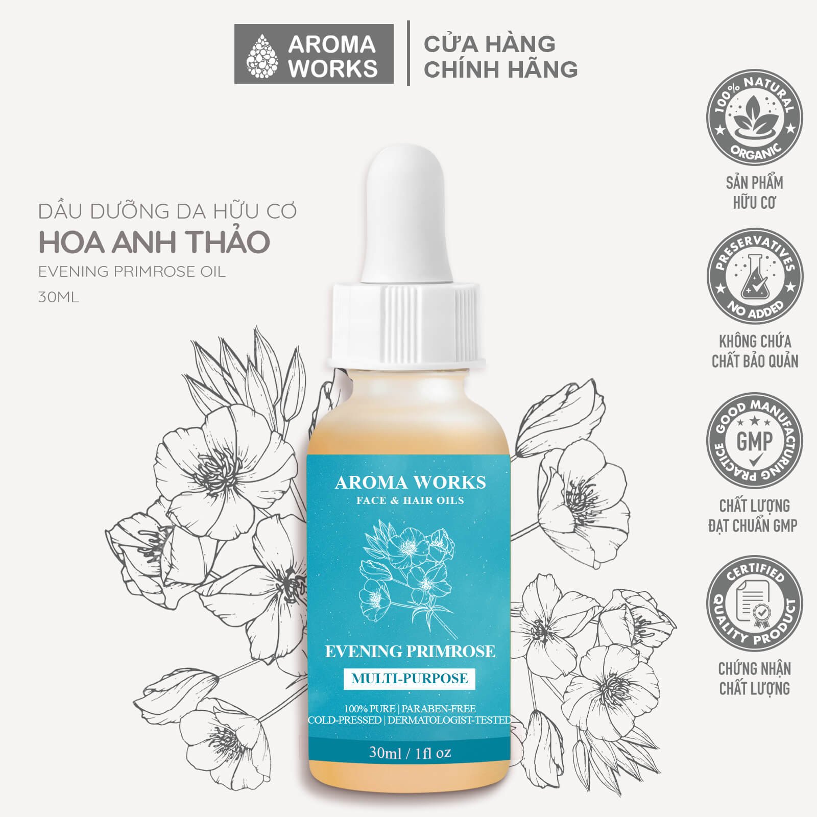 Dầu hoa anh thảo hữu cơ dưỡng da và tóc aroma works face & hair oil evening primrose