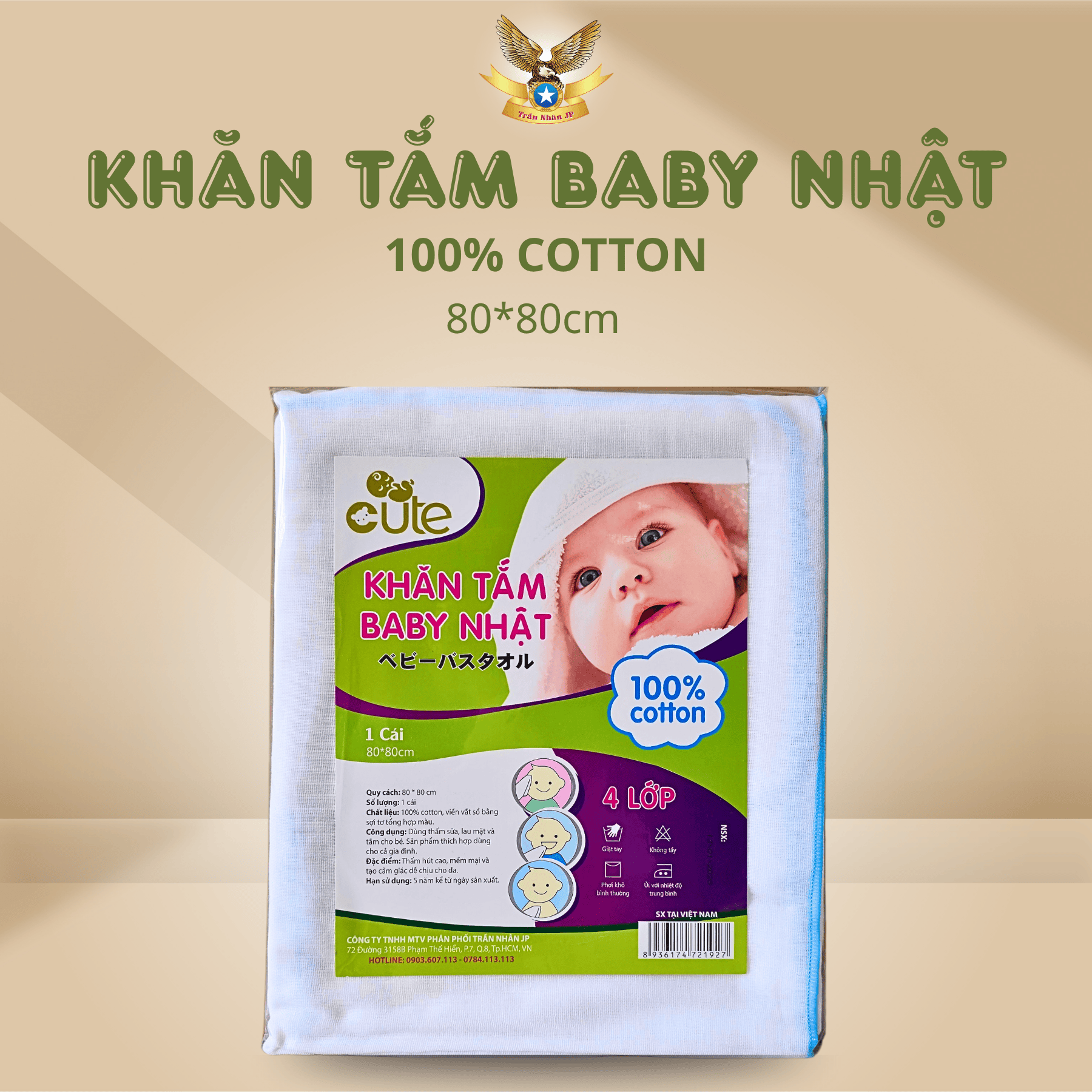 Khăn Tắm Baby Nhật Cho Bé Cotton Tự Nhiên 80x80cm – Mềm Mại, Thấm Hút Cực Tốt Giá  121,500 Đồng*Miễn phí vận chuyển