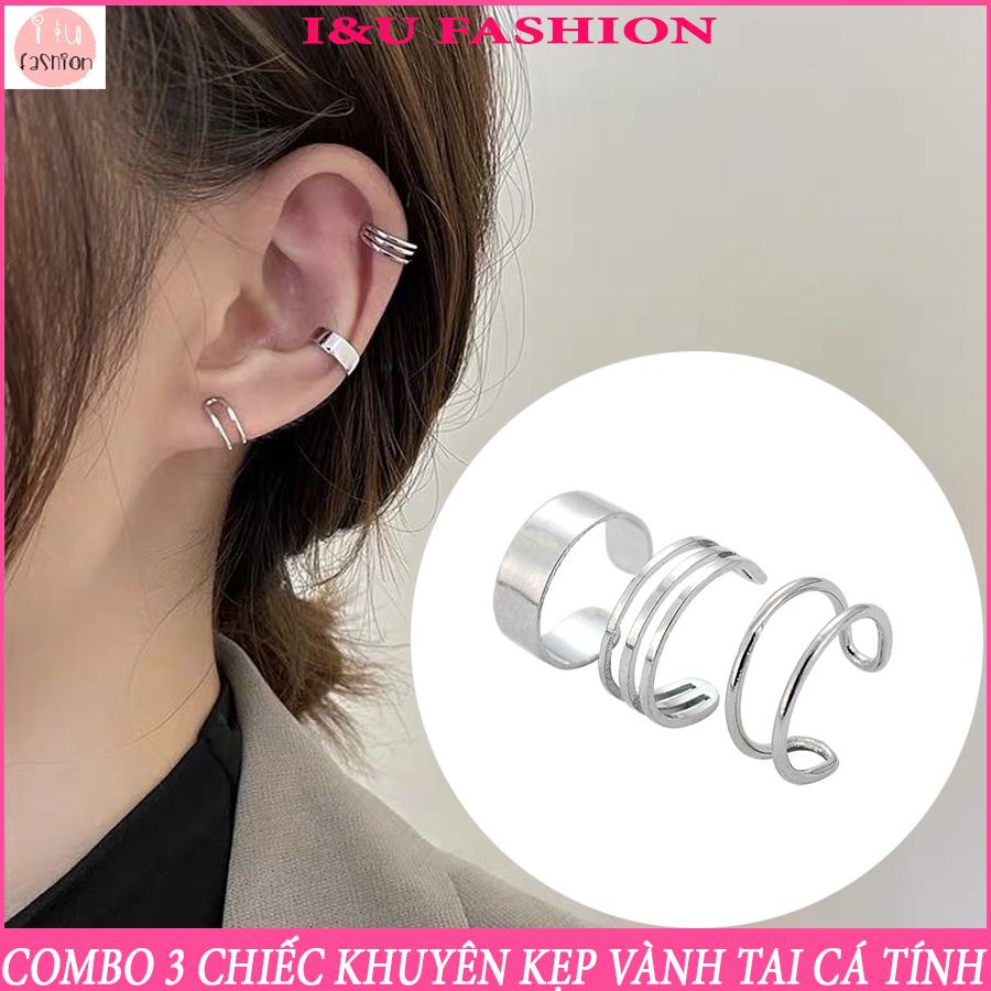 Bộ Combo 3 chiếc khuyên tai bông tai kẹp vành tai không cần bấm lỗ dáng tròn cá tính thời trang dễ sử dụng chất liệu kim loại màu bạc cho nữ KT-140