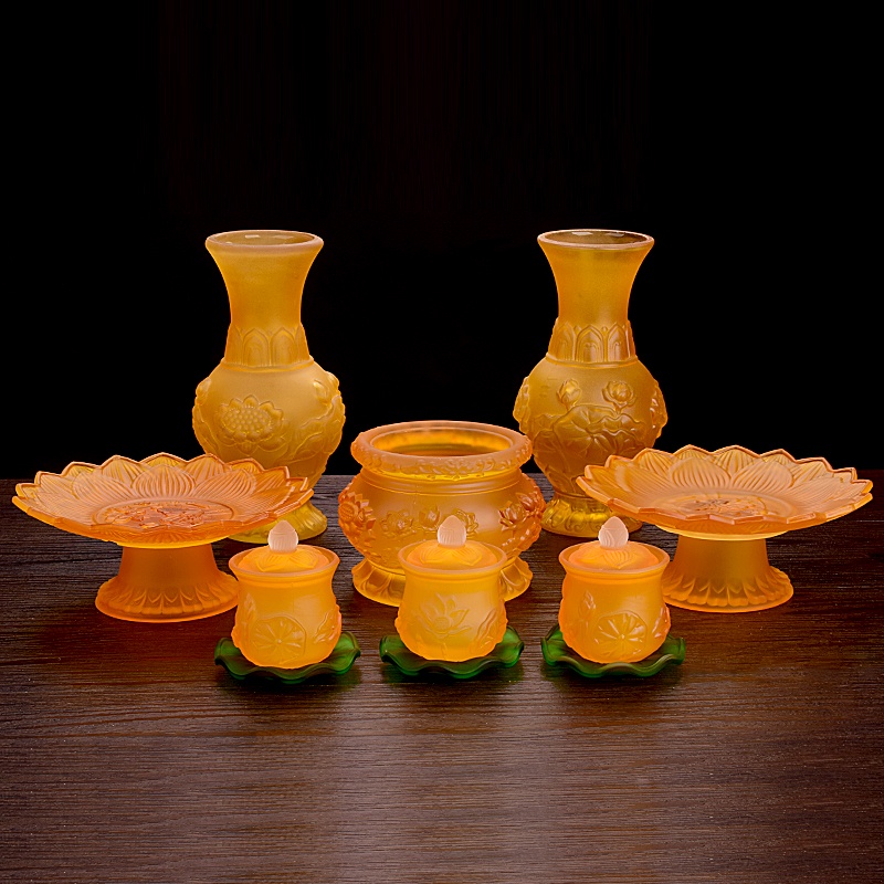 Bộ Thờ Cúng Bình , Lư , Dĩa, Chun , màu vàng lưu ly Cao Cấp - Phật Giáo Tường Thuận