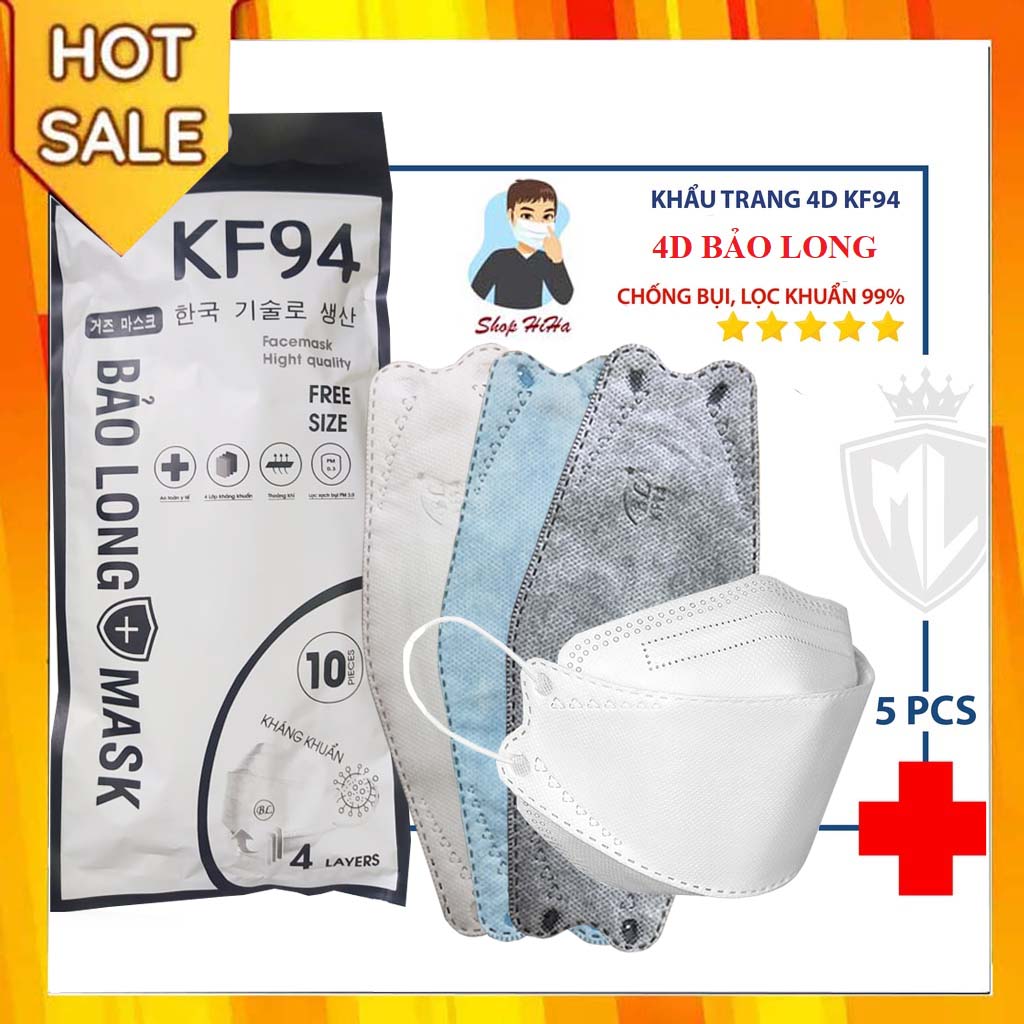 Khẩu trang 4D Bảo Long Mask KF94  4 lớp lọc bụi mịn, kháng khuẩn. Bịch 10 chiếc Khẩu Trang Công Nghệ dập Hàn Quốc ngăn ngừa khói bụi, vi khuẩn các bệnh lây nhiễm qua đường hô hấp.Thiết kế đa chiều thoáng khí