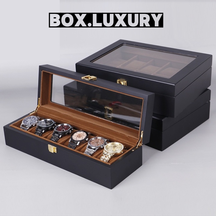 Hộp đựng đồng hồ nhiều ngăn vỏ gỗ sơn mài đen, nội thất bọc nhung cao cấp - boxdongho
