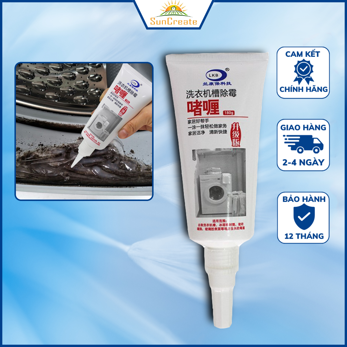Gel tẩy nấm mốc máy giặt, gel tẩy vệ sinh lồng máy giặt, gel tẩy mốc gioăng cao su máy giặt làm sạch sâu, không ảnh hưởng đến máy giặt suncreate