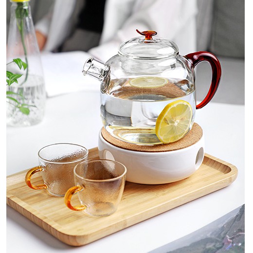 Ấm trà hoa thủy tinh chịu nhiệt, quai đỏ, dung tích 1100ml