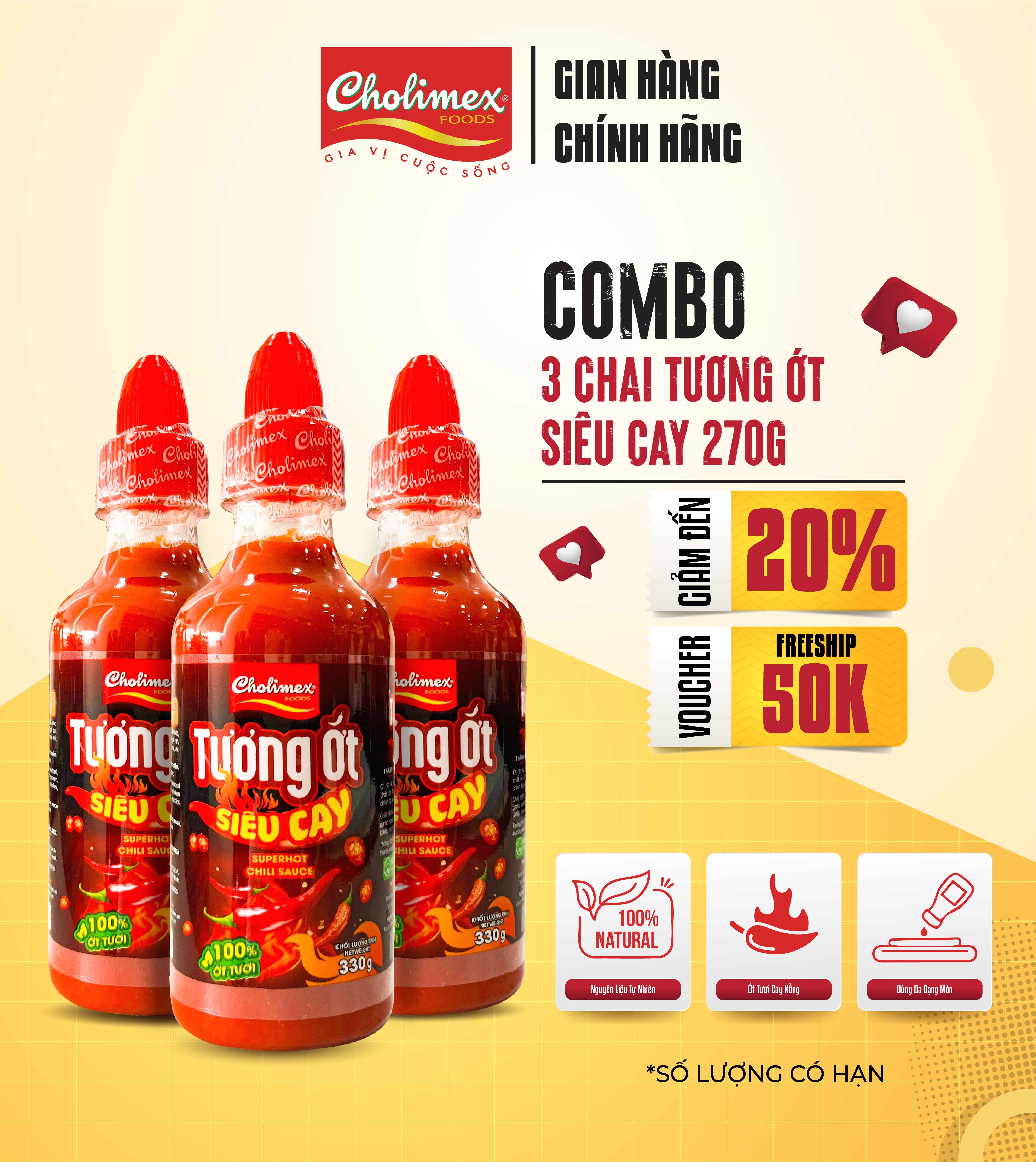 Combo 3 Chai Tương Ớt Siêu Cay Cholimex 330g – Nước chấm cay nồng, đậm vị, chính hãng