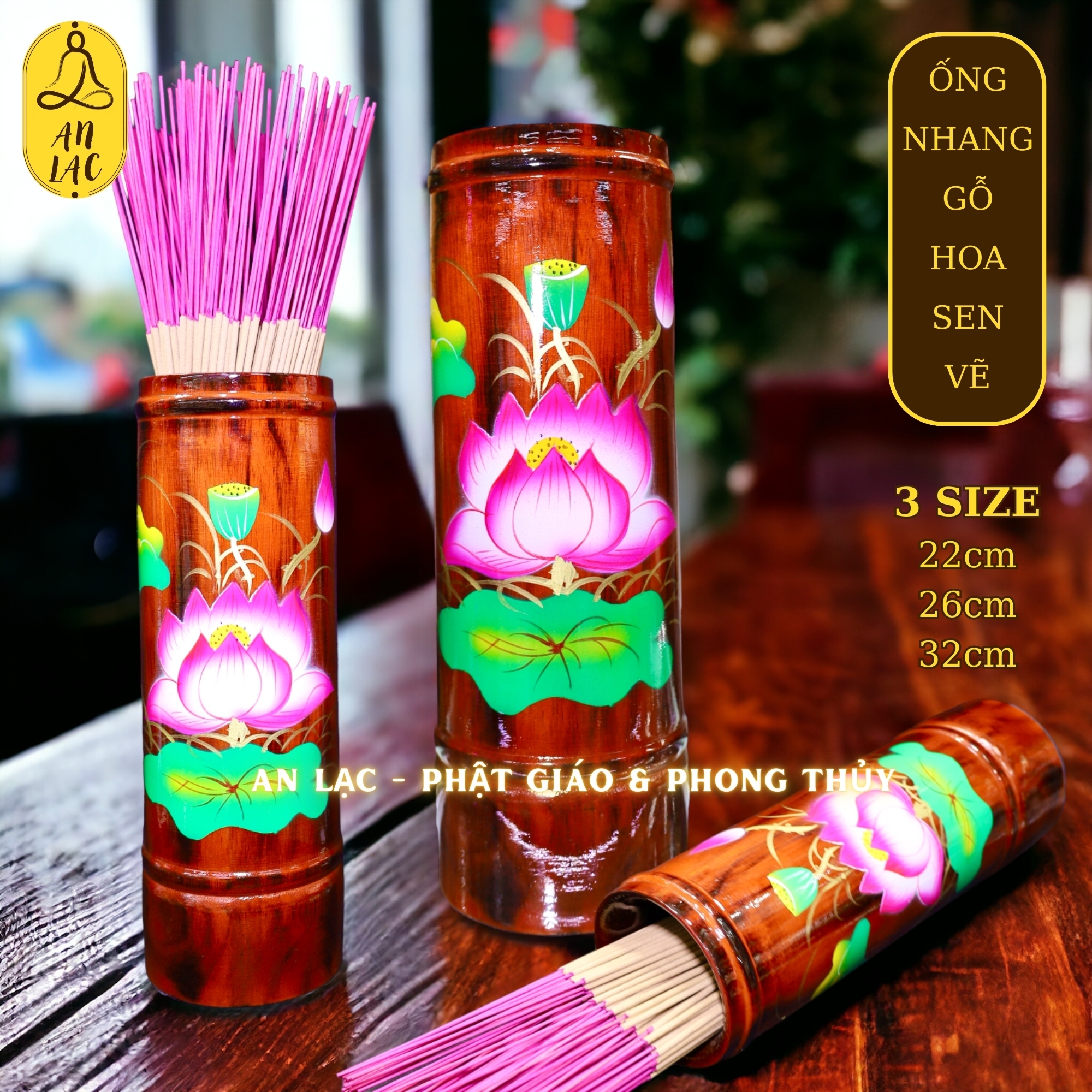 Ống nhang gỗ vẽ hoa sen - mẫu nâu đỏ
