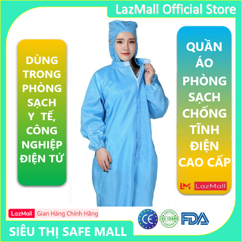Bộ Quần Áo Bảo Hộ Phòng Sạch Chống Tĩnh Điện, Phòng Thí Nghiệm Bộ Liền Thân Có Mũ Tiêu Chuẩn Xuất Khẩu - Hàng Chính Hãng SAFEMALL OFFICIAL