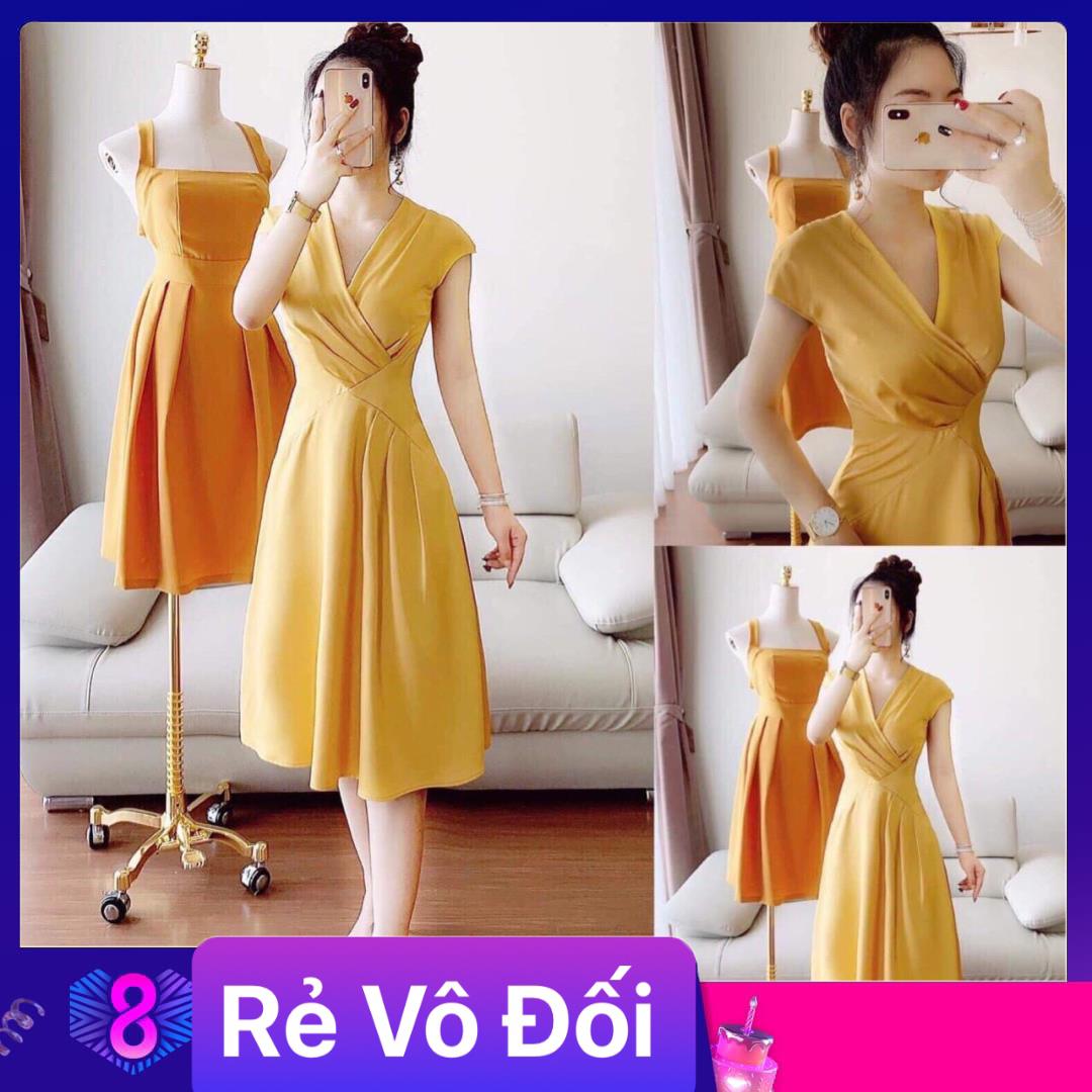 Đầm xòe xếp ly tay cộc cổ V chất kate lụa 1 màu vàng freesize
