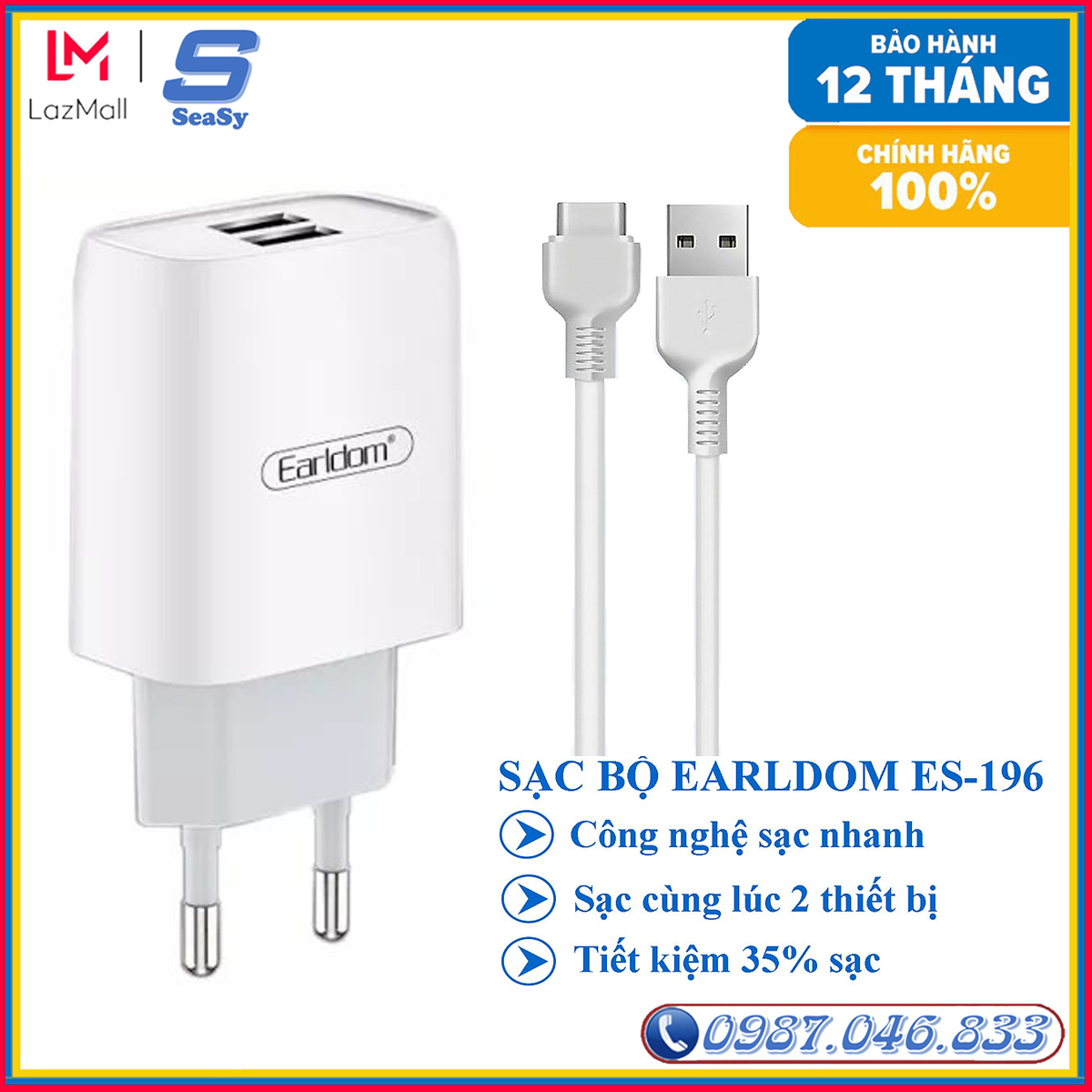Bộ sạc nhanh Earldom ES - 196 hỗ trợ 2 cổng USB, kèm dây sạc,sạc nhanh tiện lợi, dùng cho iphone ,samsung,oppo - Hàng chính hãng