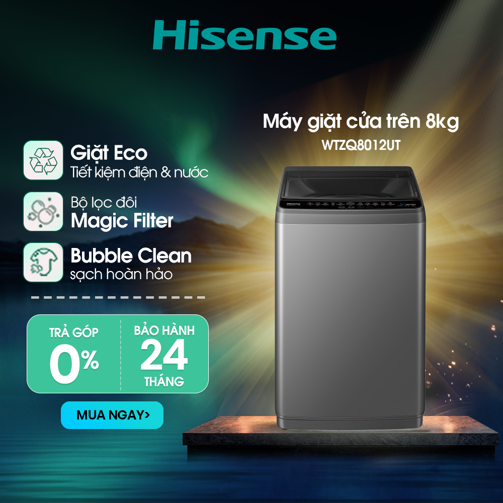 [Giao lắp toàn quốc] Máy giặt Hisense 8kg WTZQ8012UT Tiết kiệm điện, Bộ lọc xơ vải, Bảo hành 2 năm