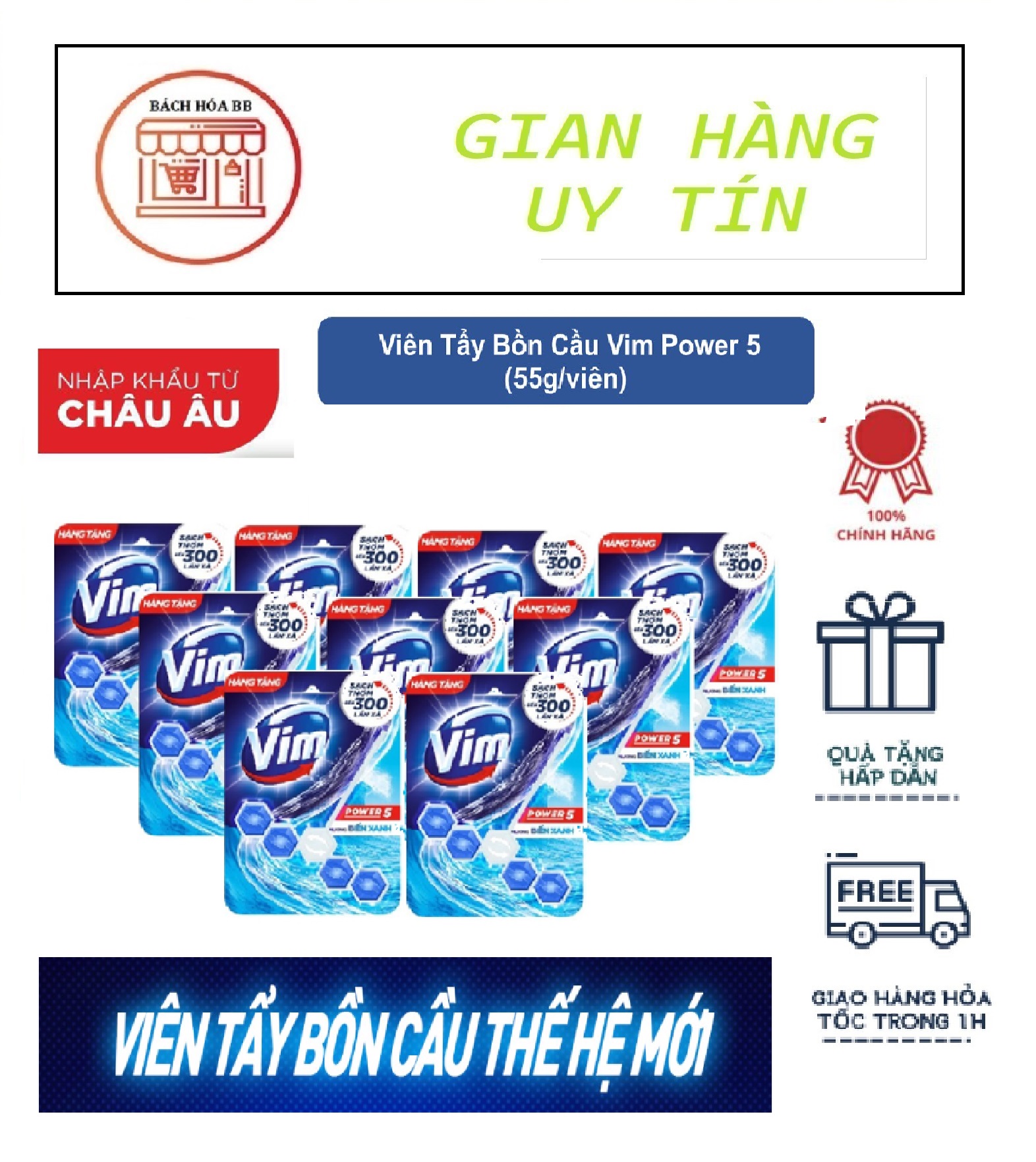 1 THÙNG VIM TẨY TOILET - VỆ SINH BỒN CẦU - VIÊN TREO - HƯƠNG BIỂN XANH - 9VỈx55G - KHỬ MÙI, DIỆT KHUẨN - BÁCH HÓA BB