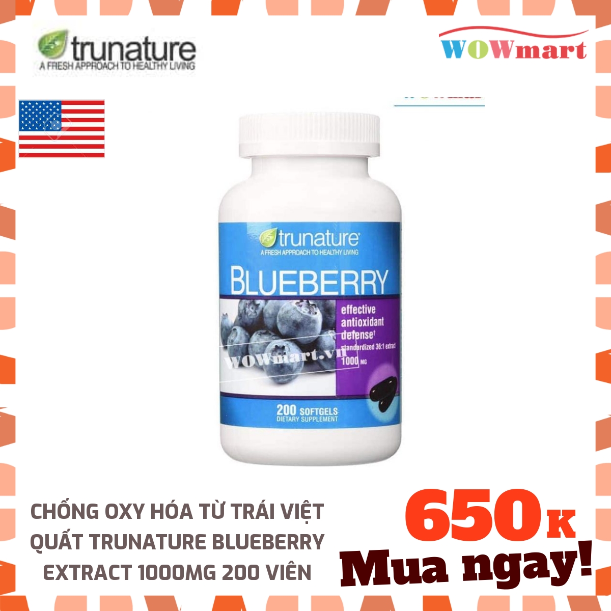 Chống oxy hóa từ trái Việt Quất trunature Blueberry Extract 1000mg 200 viên - MỸ